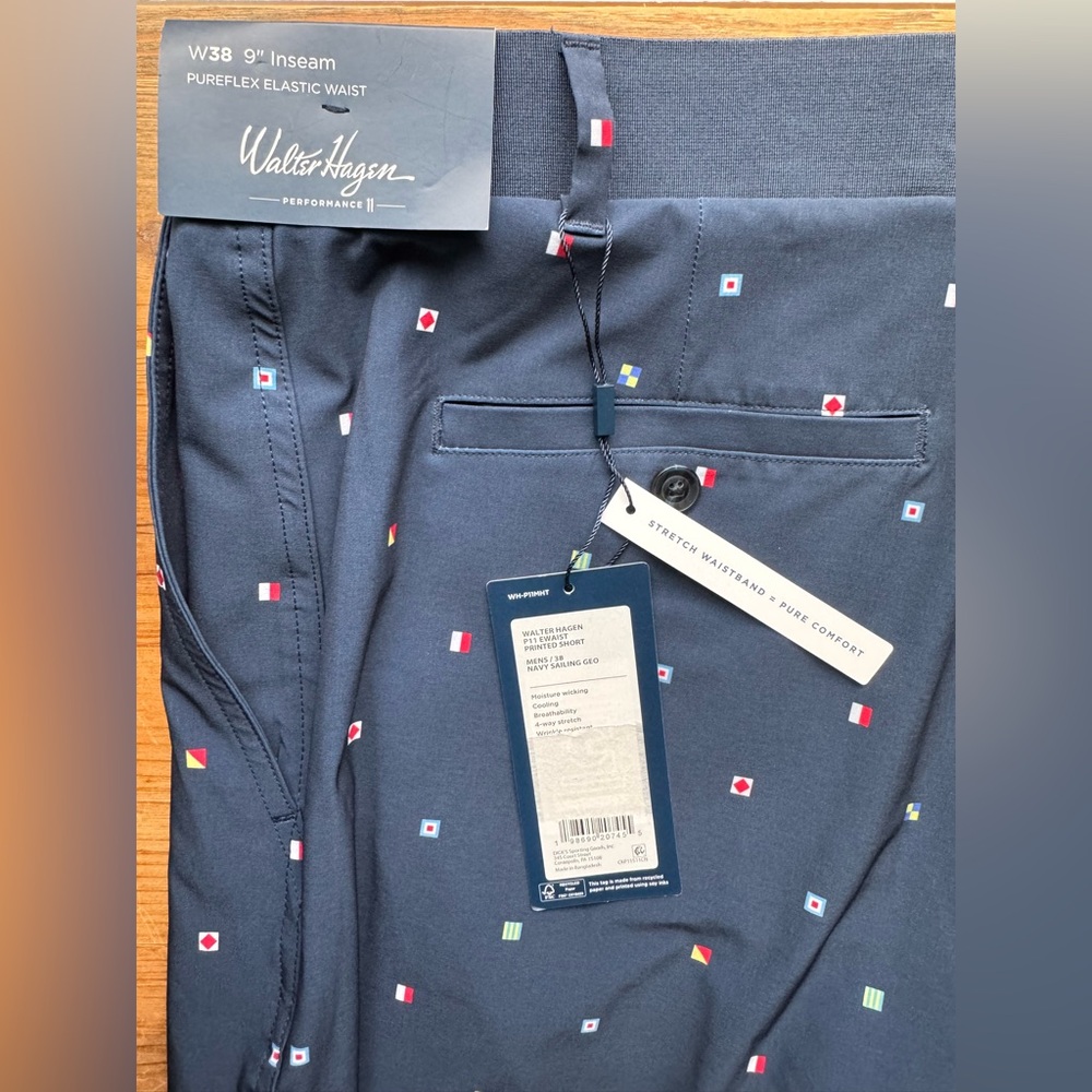 Walter Hagen Clubhouse Navy Sailing Geo 9"inseam Golf Short Mens Size 38 NWT